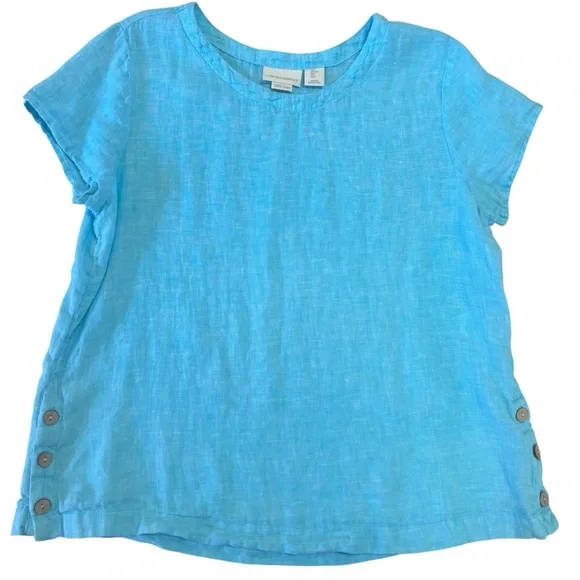 Cynthia Rowley 100% Linen Aqua Blue Short Sleeve Top Button Hem Size L - Picture 1 of 9